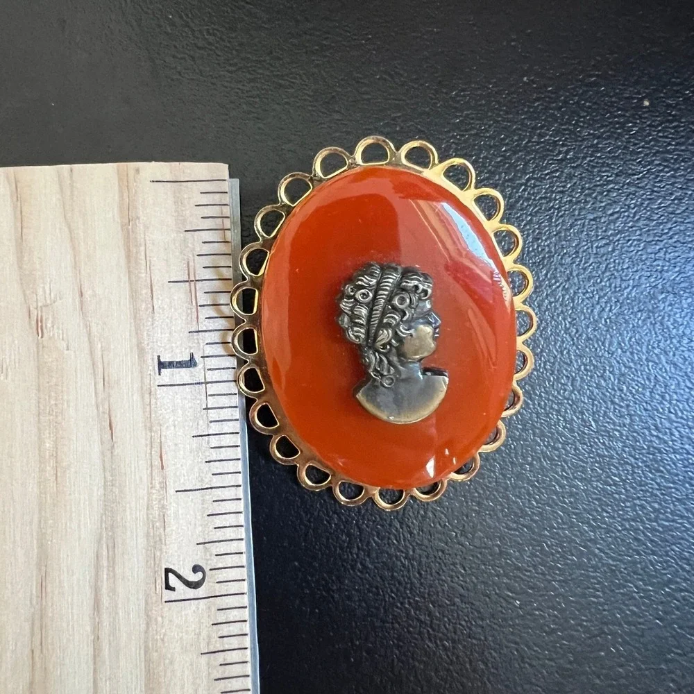 Vintage Faux Cameo Brooch Orange and Bronze Tone‎ Woman Pin